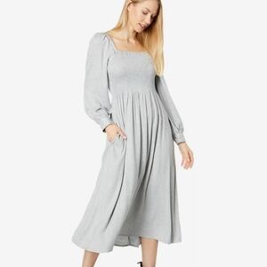 Lucie Long-Sleeve Smocked Midi Dress in Wool Gauze